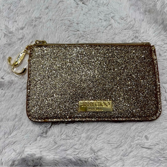 Jimmy Choo Accessories - Jimmy Choo Gold Glitter Mini Wallet Coin Card ID Purse Pouch Charm Logo